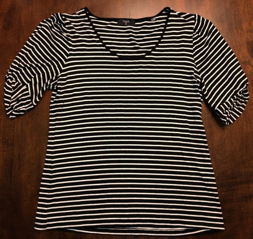 Tahari Women's Striped Linen Top Tee Round Neck Black/White SS **Medium/READ **